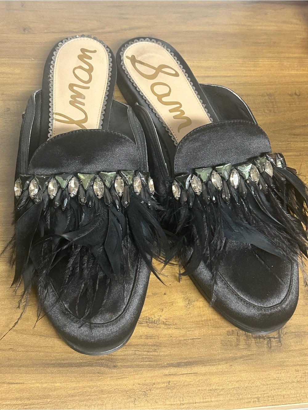 Sam Edelman Black Satin Feather & Crystal Slide Mules